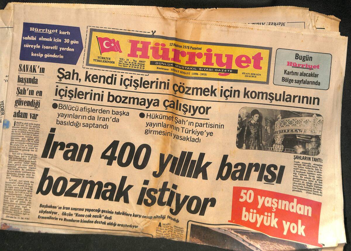 Hürriyet Gazetesi 12 Haziran 1978 - İran 400 Yıllık Barışı Bozmak İstiyor - Futbolcular Akıllarını Soyunma Odasında Bıraktı GZ133513 - 1
