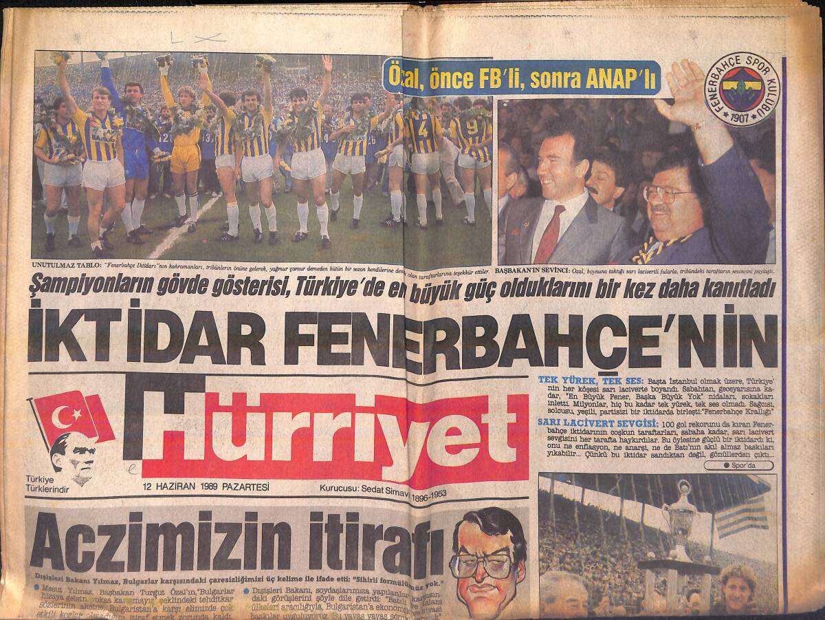 Hürriyet Gazetesi 12 Haziran 1989 - İktidar Fenerbahçe'nin - Ağlayan Sözen'e Fato'dan Moral - Fener'in Muhteşem Düğünü GZ156006 - 1
