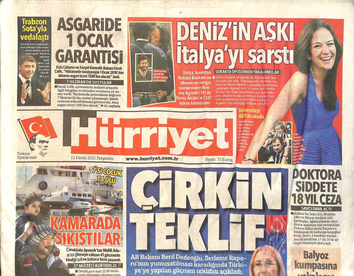 Hürriyet Gazetesi 12 Kasım 2015 - Deniz Akalın'ın Aşkı İtalya'yı Sarstı - Trabzon Şota'yla Vedalaştı GZ159609 - 1