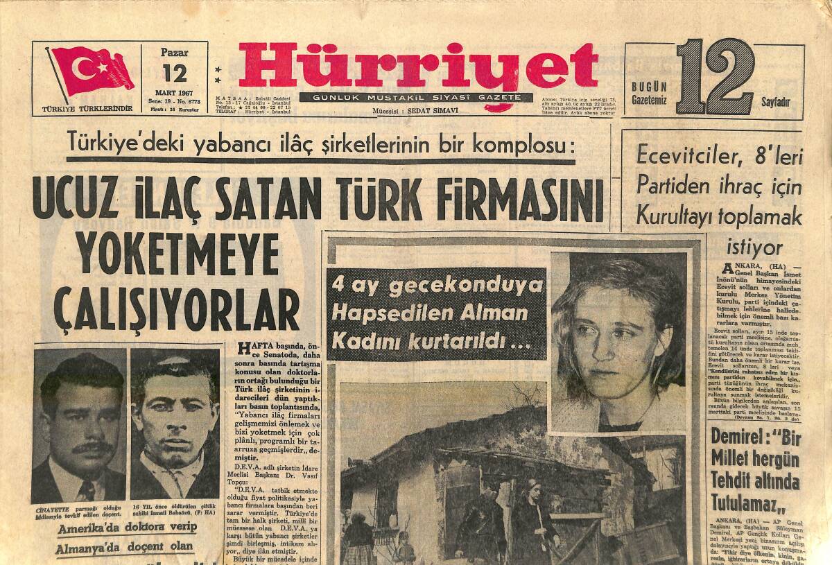 Hürriyet Gazetesi 12 Mart 1967 - Fenerbahçe'de Yeni Başkan Adayı Yolaç - Ucuz İlaç Satan Türk Firmasını Yok Etmeye Çalışıyorlar GZ156974 - 1