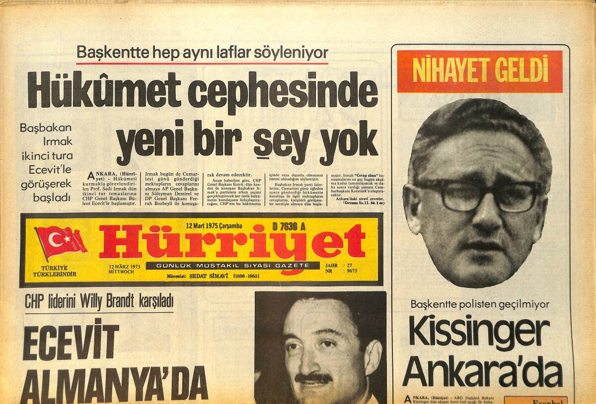 Hürriyet Gazetesi 12 Mart 1975 - Kissinger Ankara'da - Ecevit Almanya'da - Bolu Ve Trabzon Prim Yağdırıyor GZ157539 - 1