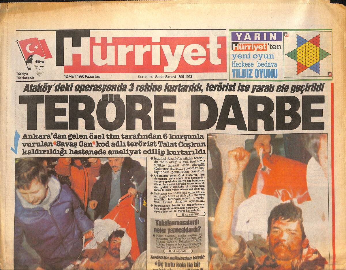 Hürriyet Gazetesi 12 Mart 1990 - Terör Zirvesi Bugün - Denizli'de Otel Çöktü GZ133370 - 1