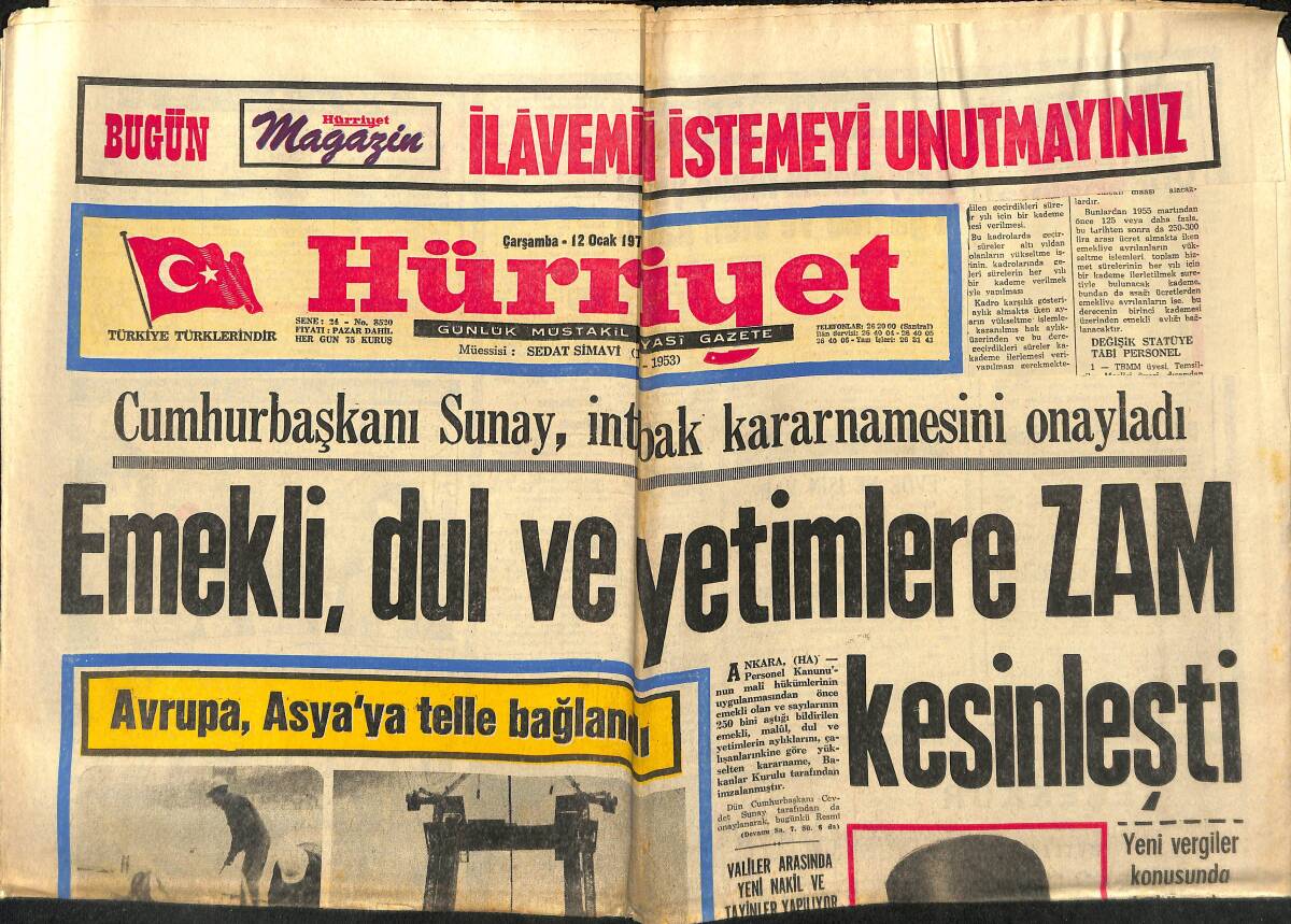 Hürriyet Gazetesi 12 Ocak 1972 - Cumhurbaşkanı Cevdet Sunay, İntibak Kararnamesini Onayladı - Avrupa Asya'ya Telle Bağlandı! GZ140622 - 1