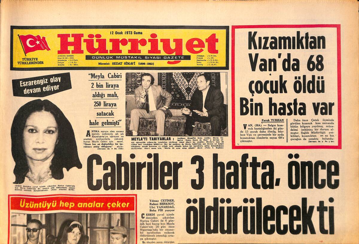 Hürriyet Gazetesi 12 Ocak 1973 - Kızamıktan Van'da 68 Çocuk Öldü - İtalyan Film Yıldızı Sophia Loren Oğlunu Kucağına Aldı GZ158151 - 1