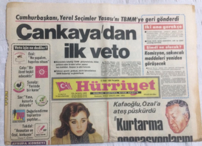Hürriyet Gazetesi 12 Ocak 1984 - Çankayadan İlk Veto,Yerel Seçimler Yasası Geri Gönderildi - GZ19697 - 1