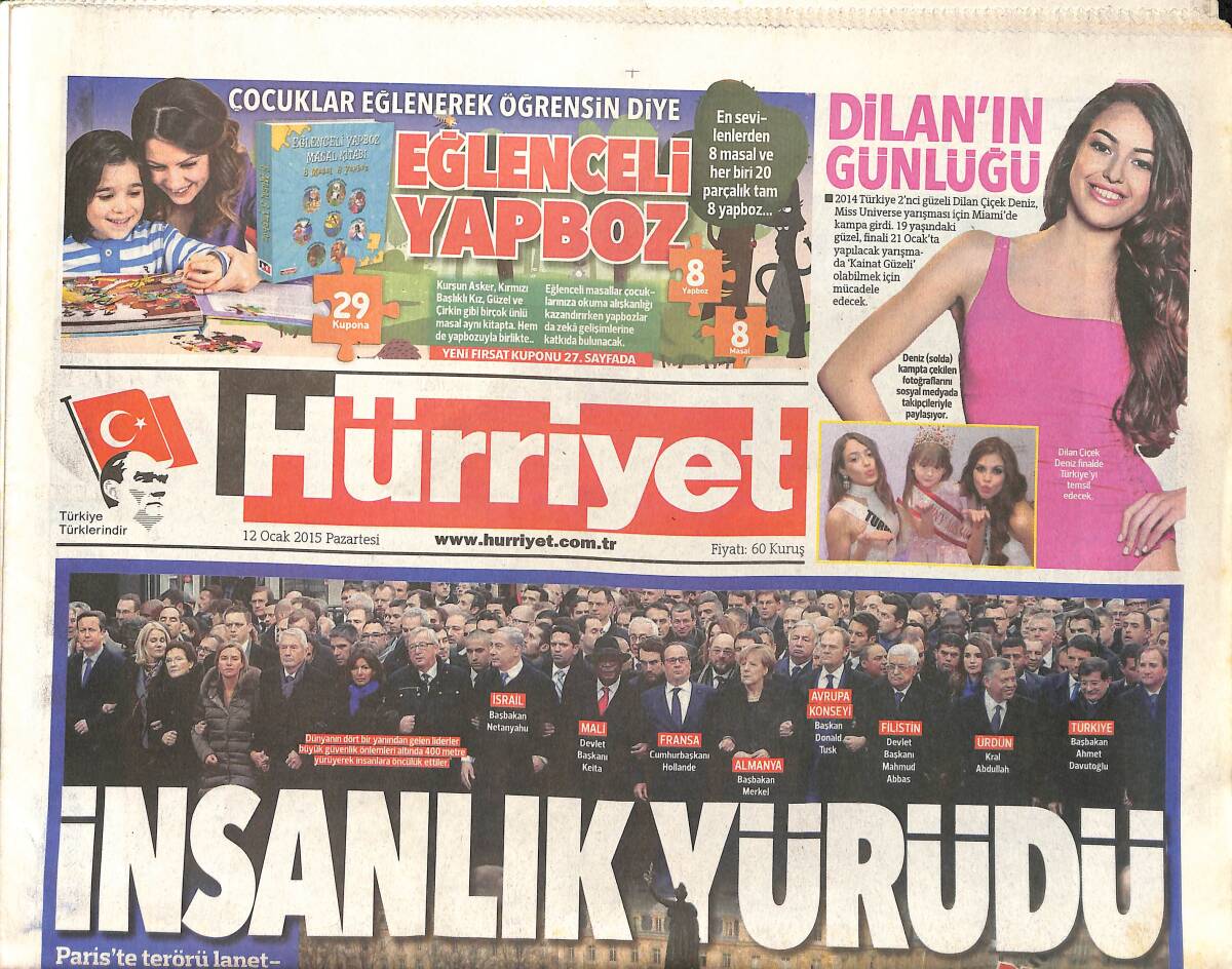 Hürriyet Gazetesi 12 Ocak 2015 - Fransa'da Türklere Sorun Çıkmaz - Schengen İçin Kırmızı Alarm GZ159572 - 1