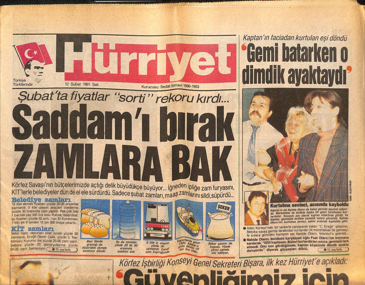 Hürriyet Gazetesi 12 Şubat 1991 - Saddam'ı Bırak Zamlara Bak - Cimbom Potada Mucize Arıyor GZ133365 - 1
