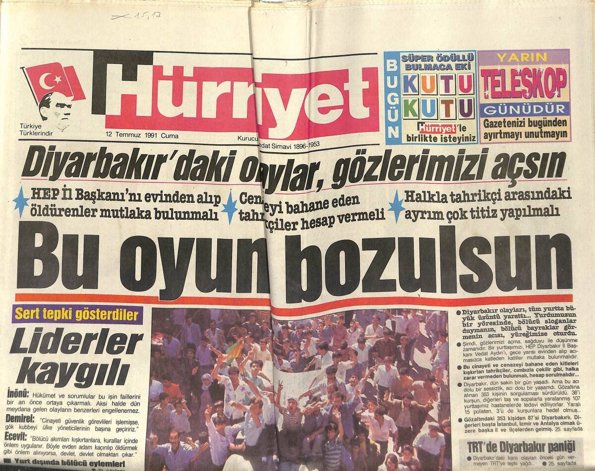 Hürriyet Gazetesi 12 Temmuz 1991 - Kaçak Taşar Teslim Oldu - Nükhet Duru Sahneye Hızlı Döndü GZ151673 - 1