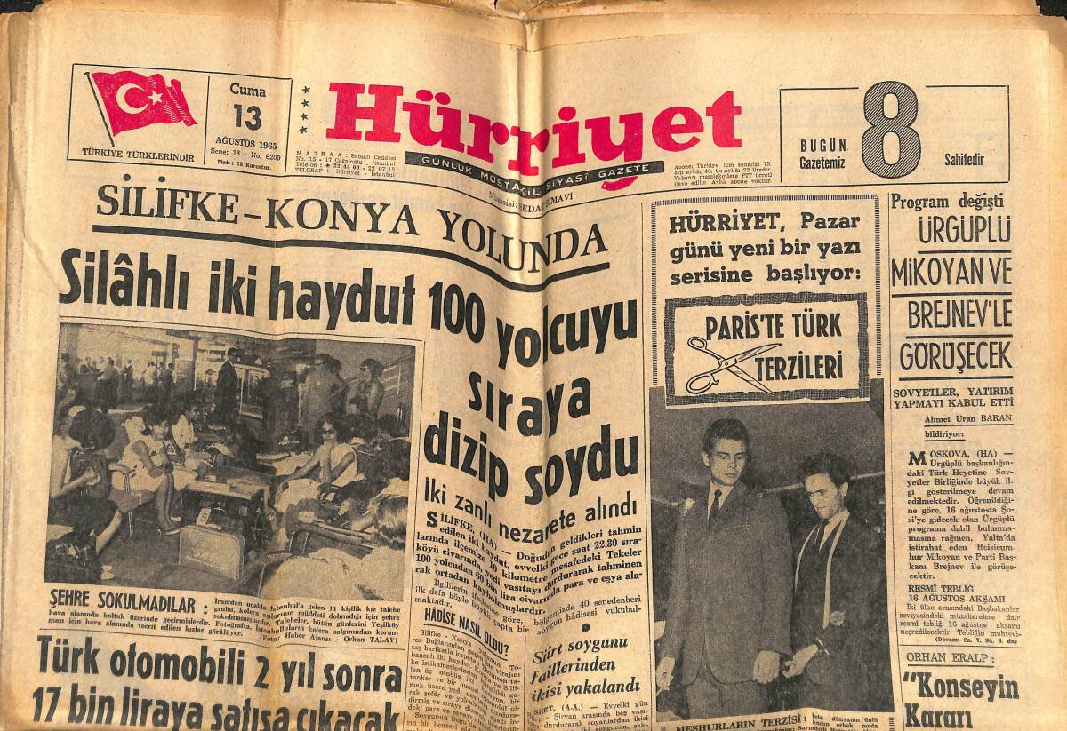Hürriyet Gazetesi 13 Ağustos 1965 - Marlon Brando'nun Gizli Karısı Herkesten Uzakta Yaşıyor - Paris'te Türk Terzileri GZ143118 - 1