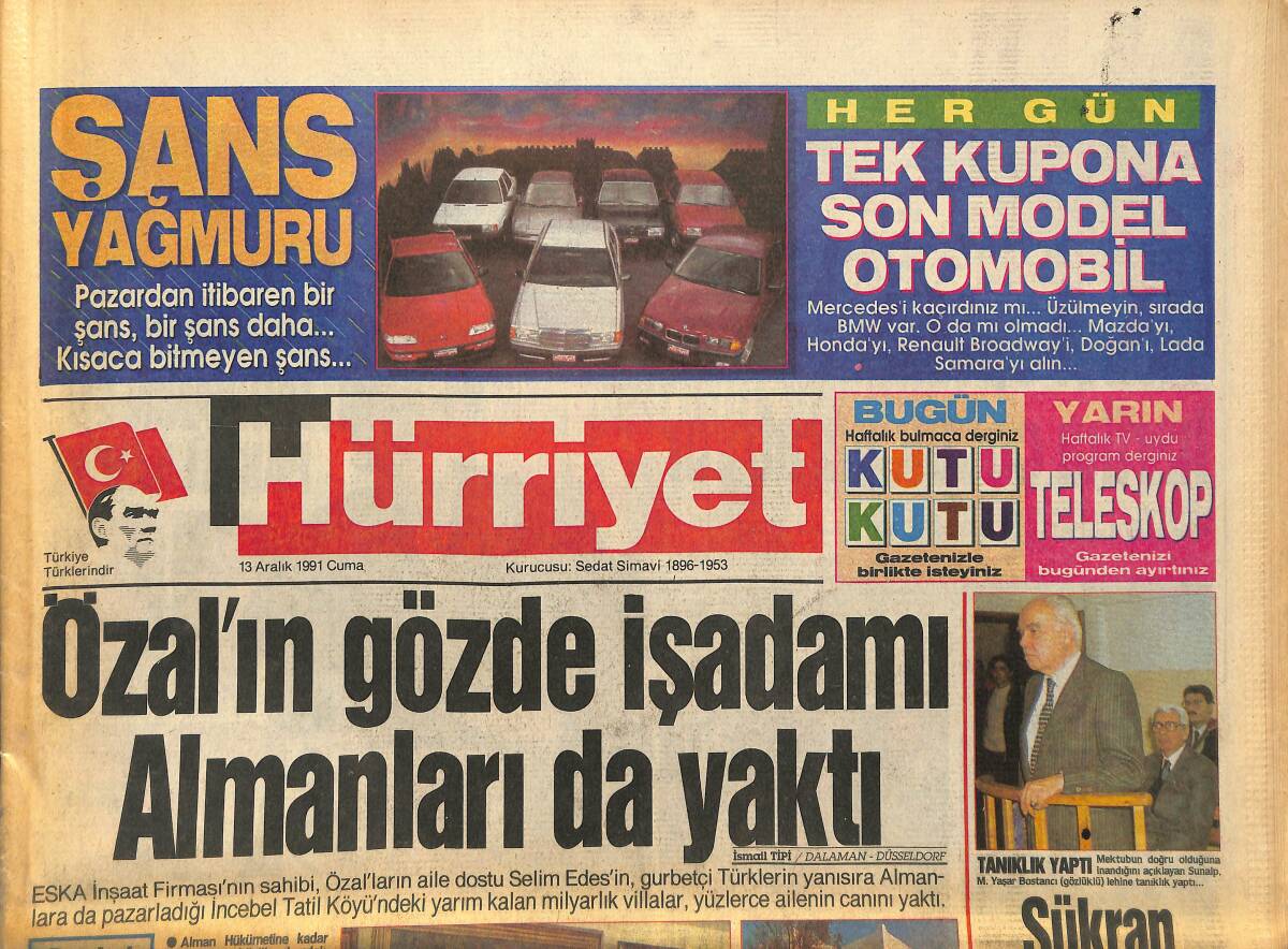 Hürriyet Gazetesi 13 Aralık 1991 - Özal'ın Gözde İşadamı Almanları da Yaktı - Bako Oynuyor GZ133017 - 1