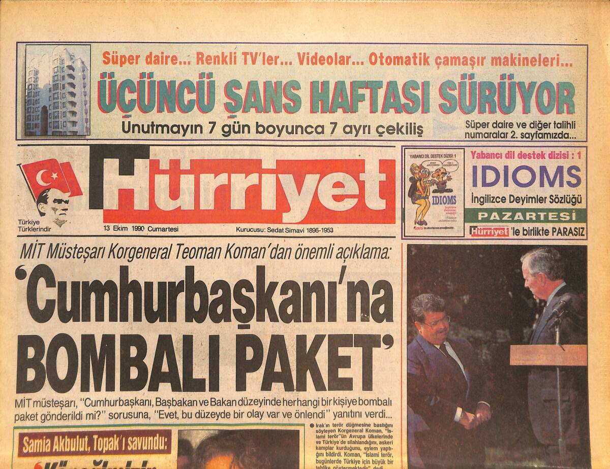 Hürriyet Gazetesi 13 Ekim 1990 - Cumhurbaşkanı'na Bombalı Paket - Alman İçişleri Bakanına Suikast GZ133857 - 1