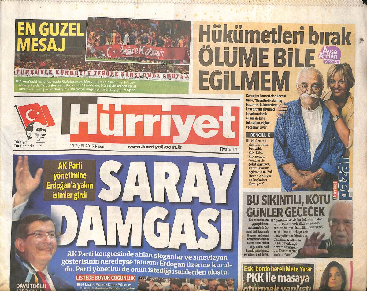 Hürriyet Gazetesi 13 Eylül 2015 - Tarkan'ın Yeni Konser Tarihleri Açıklandı - Ak Parti Yönetimine Erdoğan'a Yakın İsimler Girdi GZ159661 - 1