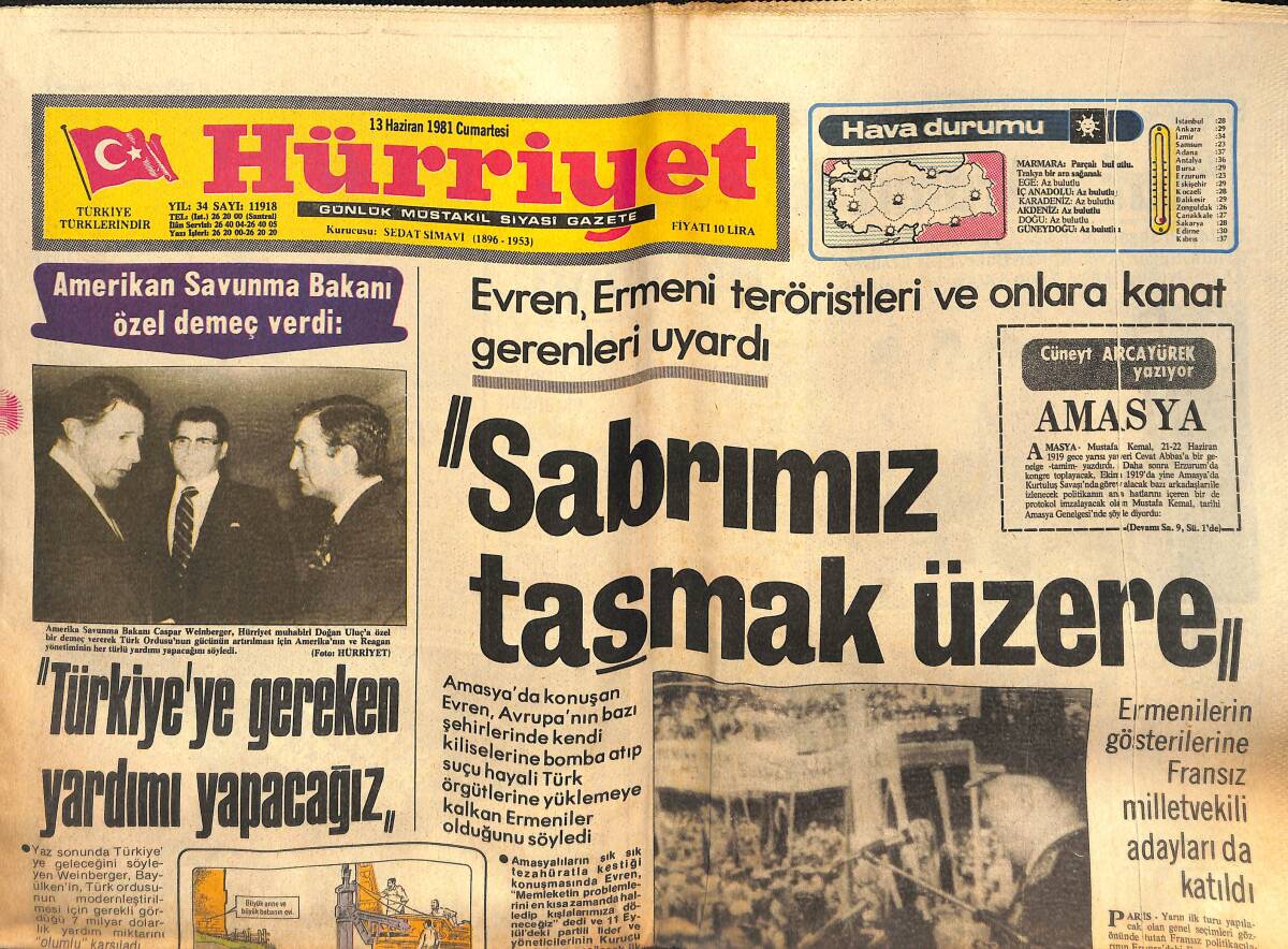 Hürriyet Gazetesi 13 Haziran 1981 - Evren : Ermeni Teröristleri Ve Onlara Yardım Edenleri Uyardı - İran'da Enkaz Altında 5000 Kişi Var GZ133306 - 1
