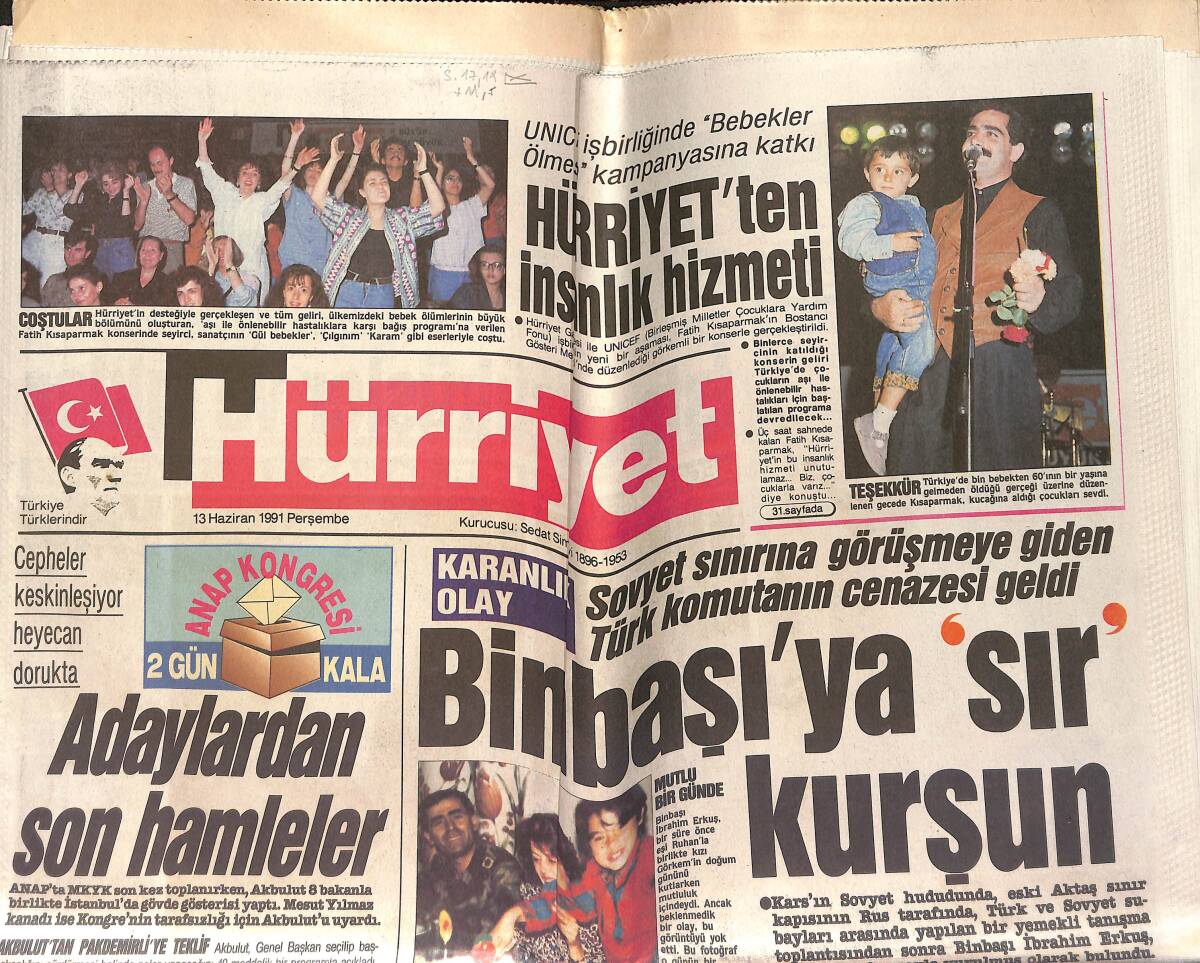 Hürriyet Gazetesi 13 Haziran 1991 - Özal'dan Davet Oyunu - Dansöz Irmak'ın Esrarlı Ölümü - Rıza Kendini Bedavaya Getirdi GZ153394 - 1