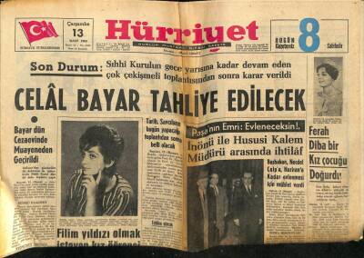 Hürriyet Gazetesi 13 Mart 1963 - Celal Bayar Tahliye Edilecek GZ54900 - 1