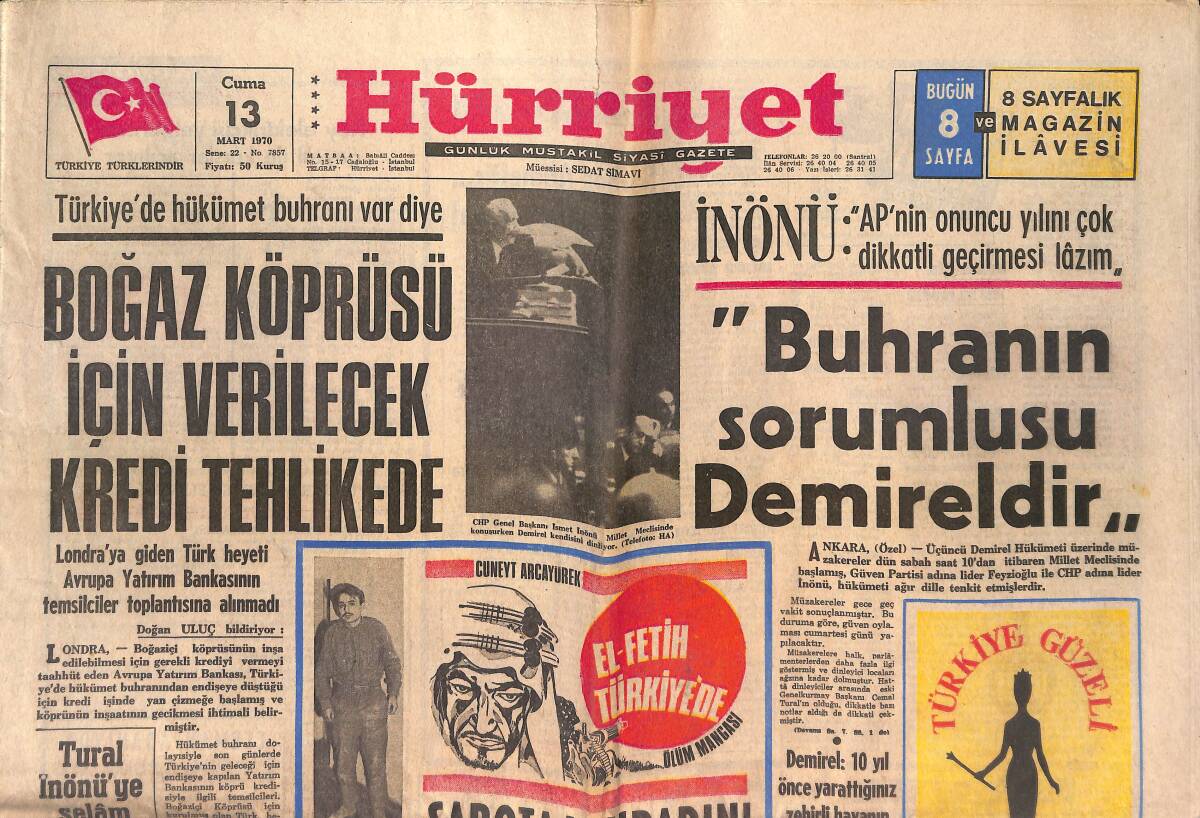Hürriyet Gazetesi 13 Mart 1970 - Boğaz Köprüsü İçin Verilecek Kredi Tehlikede GZ146992 - 1