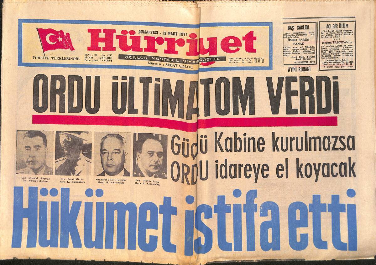 Hürriyet Gazetesi 13 Mart 1971 - Hükümet İstifa Etti - Bütün Birlikler Alarma Geçirildi GZ157929 - 1