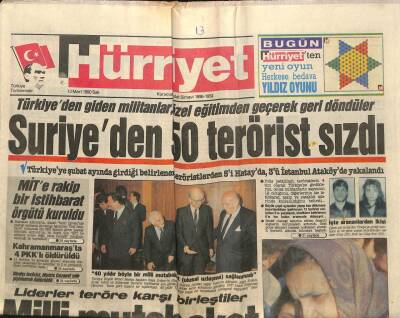 Hürriyet Gazetesi 13 Mart 1990 - MİTe Rakip Bir İstihbarat Örgütü Kuruldu GZ88299 - 1