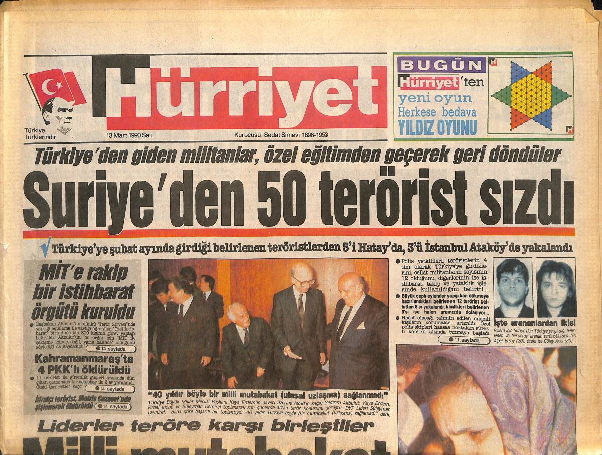 Hürriyet Gazetesi 13 Mart 1990 - Suriye'den 50 Terörist Sızdı - Asım Ekren , Selma Güneri İle Evlendi GZ133368 - 1