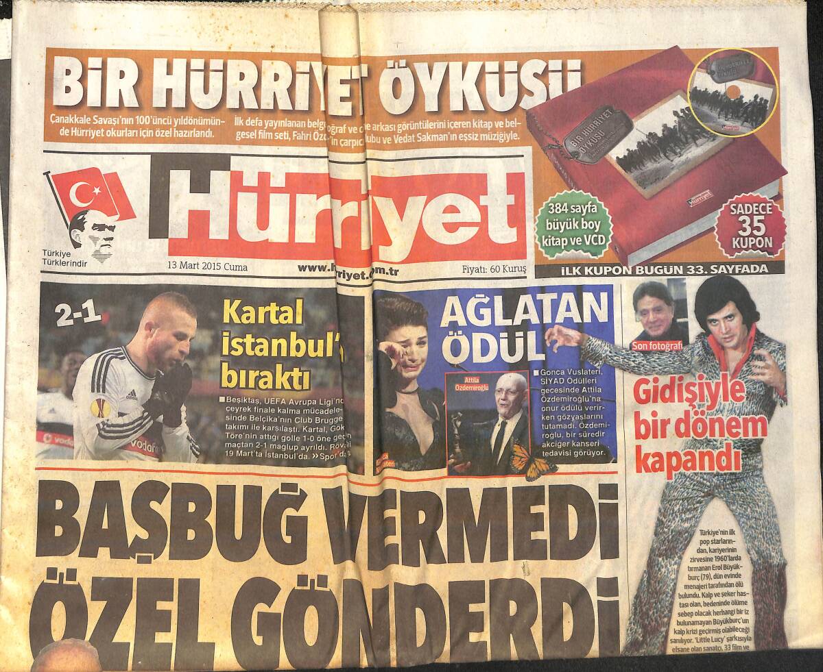 Hürriyet Gazetesi 13 Mart 2015 - Kartal İstanbul'a Bıraktı - Başbuğ Vermedi Özel Gönderdi GZ160094 - 1
