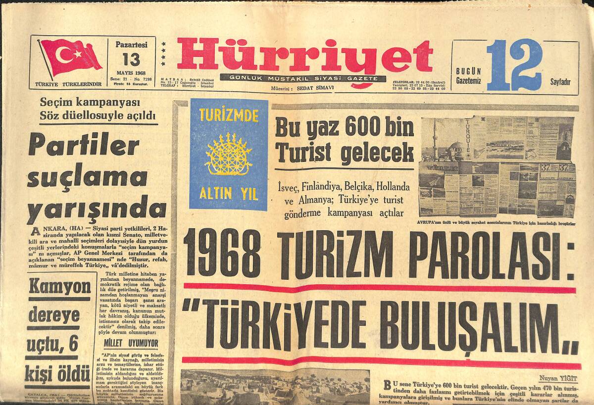 Hürriyet Gazetesi 13 Mayıs 1968 - Bu Yaz 600 Bin Turist Gelecek - Galatasaray Lisesi'nin 100.Kuruluş Yıldönümü Büyük Törenlerle Kutlanıyor GZ142701 - 1