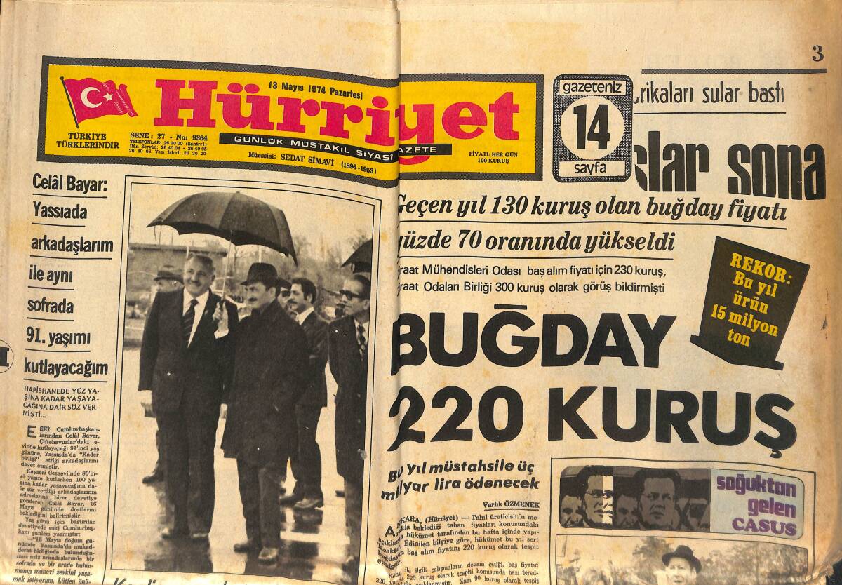 Hürriyet Gazetesi 13 Mayıs 1974 -Brandt'ı Rakiplerinden Önce Casus Yıktı - Celal Bayar, Yassı Ada'da 91. Yaş Gününü Kutlayacak - Fenerbahçe Şampiyon GZ133348 - 1