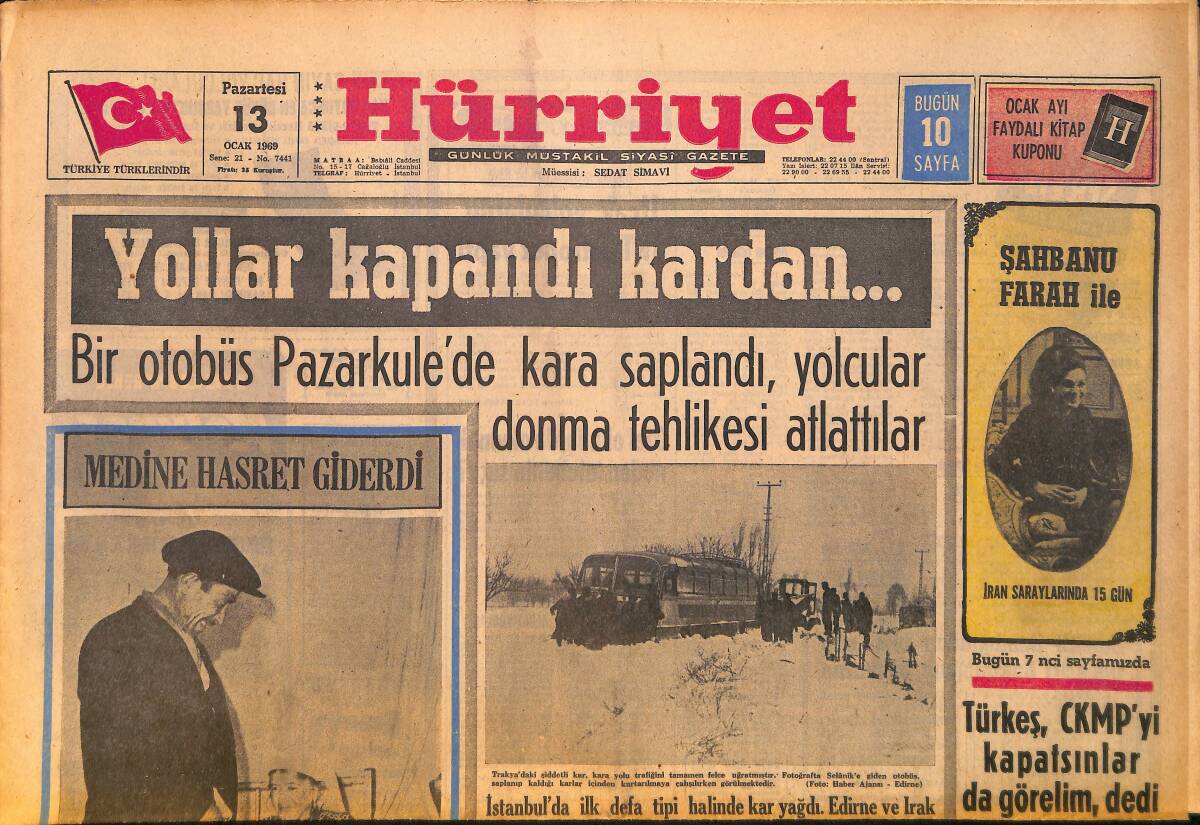 Hürriyet Gazetesi 13 Ocak 1969 - Şah, Farah Diba İle Nasıl Evlendiğini Anlattı - Kardan Yollar Kapandı Bir Otobüs Pazarkule'de Kara Saplandı GZ158137 - 1