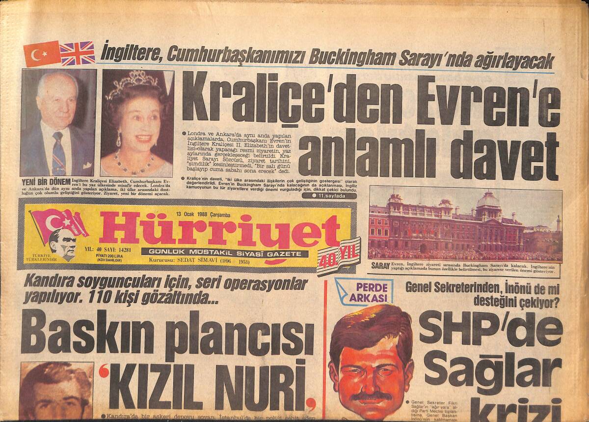 Hürriyet Gazetesi 13 Ocak 1988 - Kraliçe'den Evren'e Anlamlı Davet - Masalcı Refia Eurovision'da GZ132948 - 1