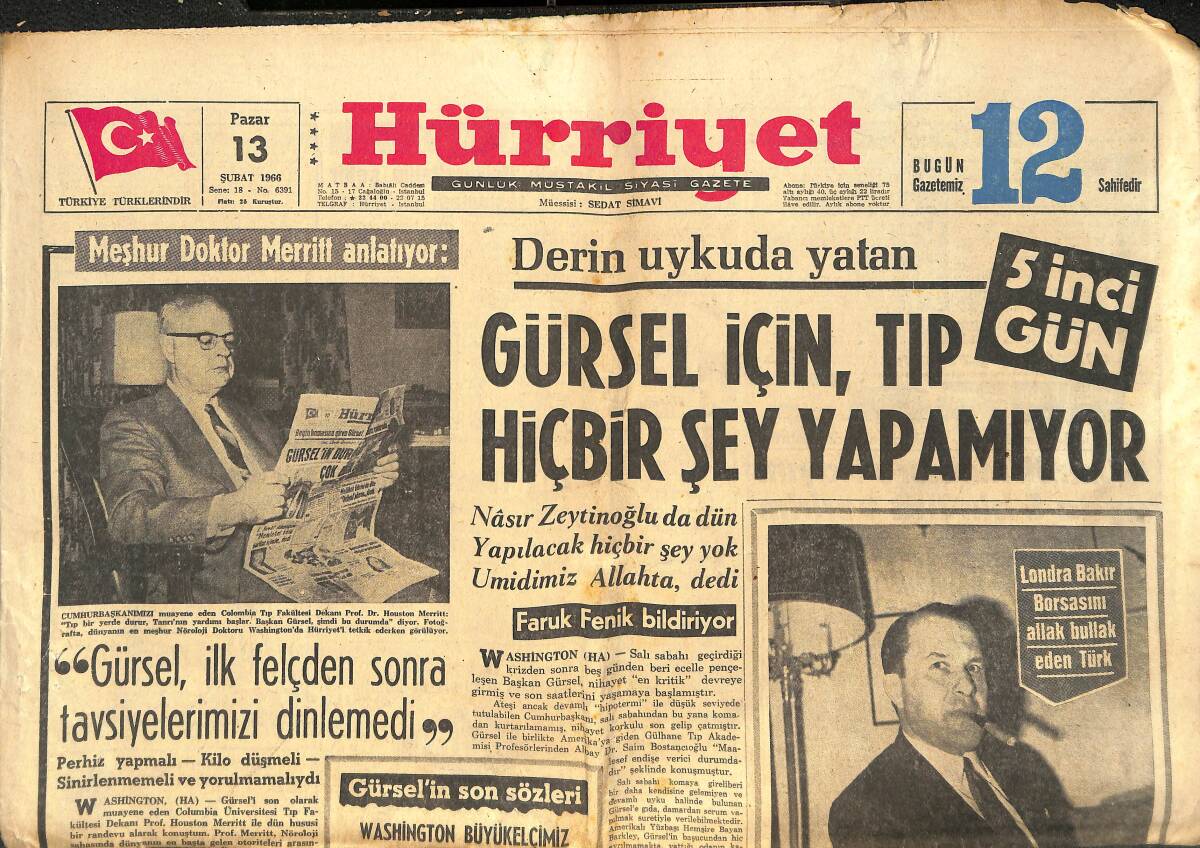 Hürriyet Gazetesi 13 Şubat 1966 - Cemal Gürsel İçin Tıp Hiçbir Şey Yapamıyor - Galatasaray Yine Puan Kaybetti GZ142232 - 1