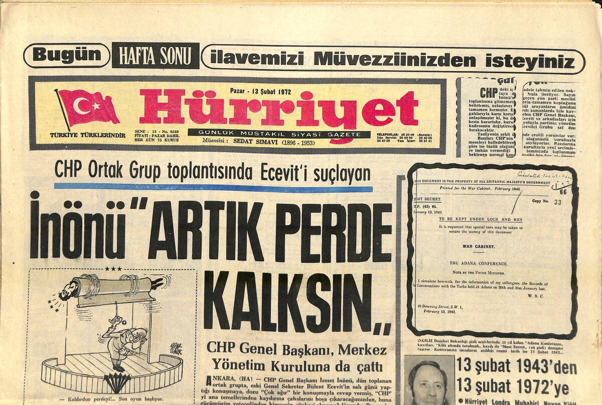 Hürriyet Gazetesi 13 Şubat 1972 - İnönü Artık Perde Kalksın - Jette Erkek Doğurdu - Alain Delon 40 Bin Liraya Gece Elbisesi Aldı GZ156966 - 1