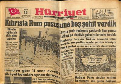 Hürriyet Gazetesi 13 Temmuz 1958 - Kıbrısta Rum Pususuna Beş Şehit Verdik GZ68930 - 2