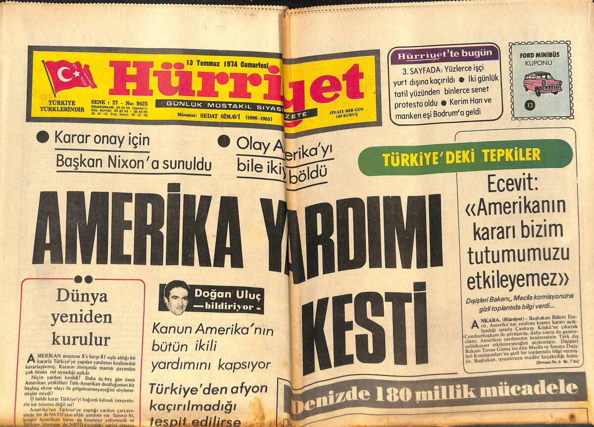 Hürriyet Gazetesi 13 Temmuz 1974 - Açık Deniz Yat Yarışı Başladı - Karar Onay İçin Başkan Nixon'a Sunuldu GZ142452 - 1