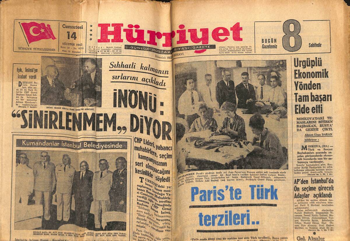 Hürriyet Gazetesi 14 Ağustos 1965 - Paris'te Türk Terzileri - Fatma Girik'in 3500 Liraya Avrupa'dan Getirttiği Peruğu - Efkan Efekan Şarkıcı Oldu GZ143119 - 1