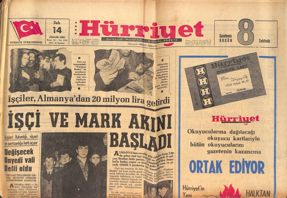 Hürriyet Gazetesi 14 Aralık 1965 - İşçiler Almanya'dan 20 Milyon Lira Getirdi - Gina Lollobrigida: Yatakta Çıplak Değildim GZ146876 - 1