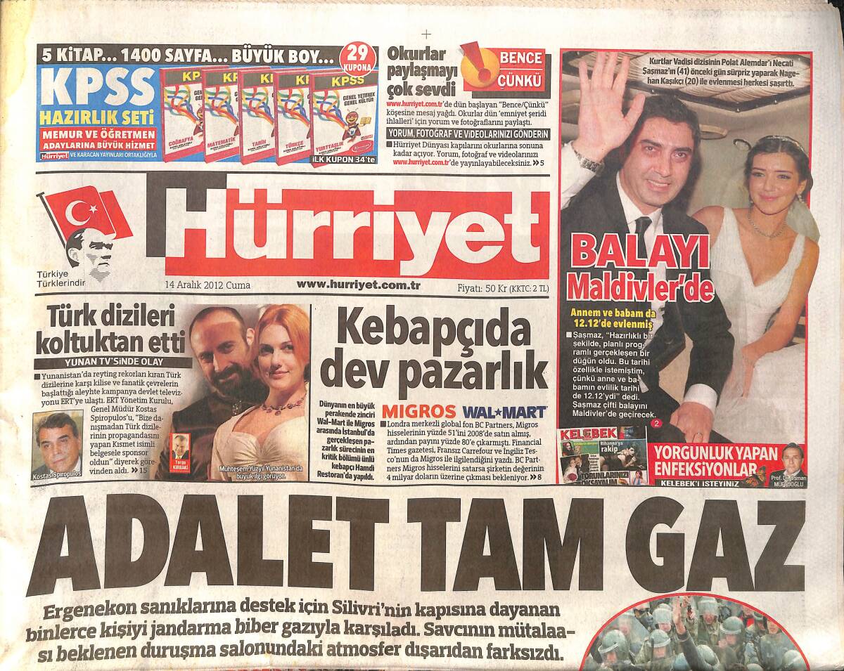 Hürriyet Gazetesi 14 Aralık 2012 - Necati Şaşmaz'ların Balayı Maldiv'lerde - Mekke'de Hacı Çöplerini İBB Toplayacak GZ160101 - 1