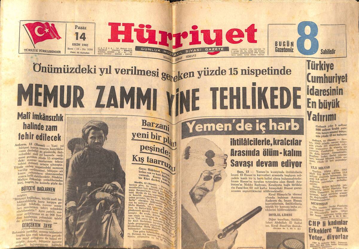 Hürriyet Gazetesi 14 Ekim 1962 - Leylâ Sayar Polise Gidip Teslim Oldu - Memur Zammı Yine Tehlikede GZ141716 - 1
