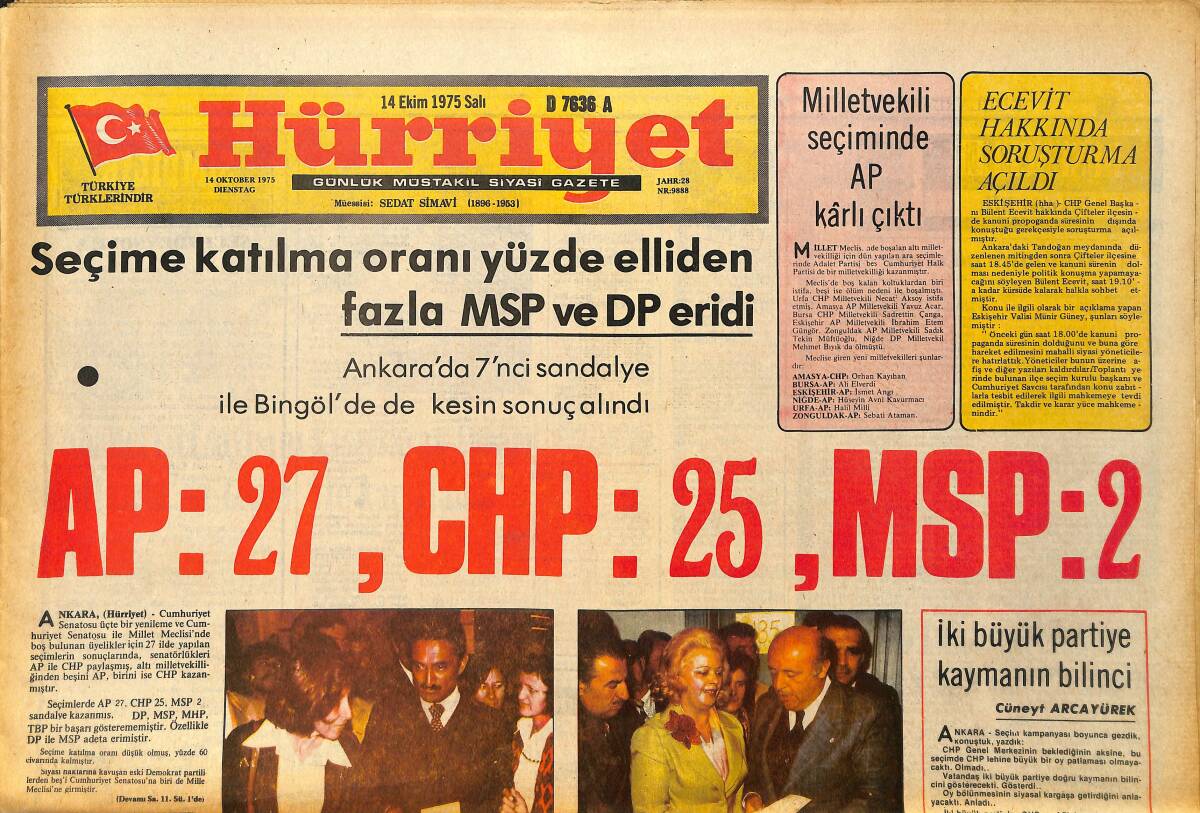 Hürriyet Gazetesi 14 Ekim 1975 - Milletvekili Seçiminde AP Karlı Çıktı - Ecevit Hakkında Soruşturma Açıldı GZ157554 - 1