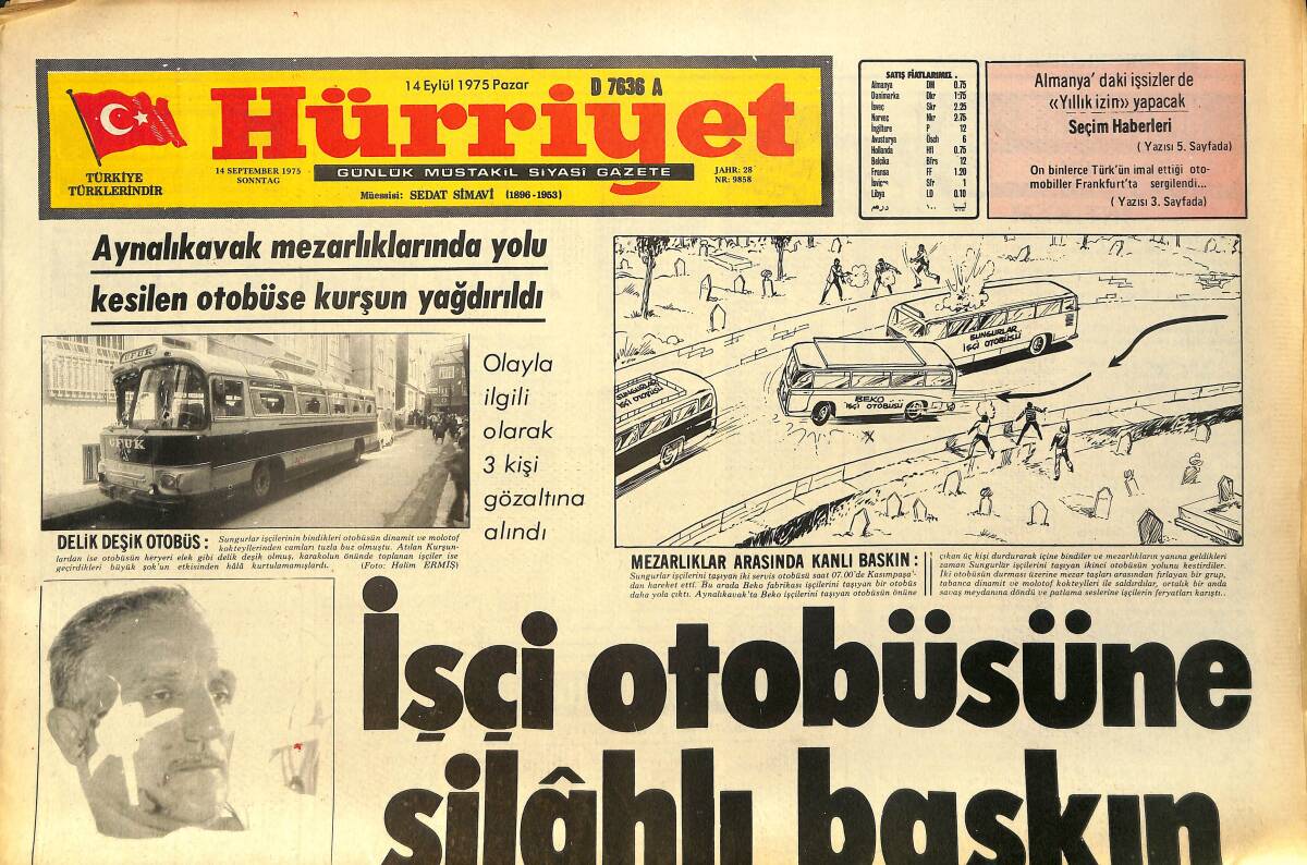 Hürriyet Gazetesi 14 Eylül 1975 - Eyüpsultan'da Ramazan'ın İlk Cuması - Aynalıkavak Mezarlıklarında Yolu Kesilen Otobüse Kurşun Yağdırıldı GZ157521 - 1