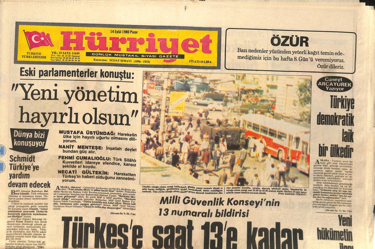 Hürriyet Gazetesi 14 Eylül 1980 - Alpaslan Türkeş'e Saat 13:00 Kadar Mühlet Verildi - Türkan Şoray, En Kısa Ve En Pahalı Film'ini Çekiyor GZ153502 - 1