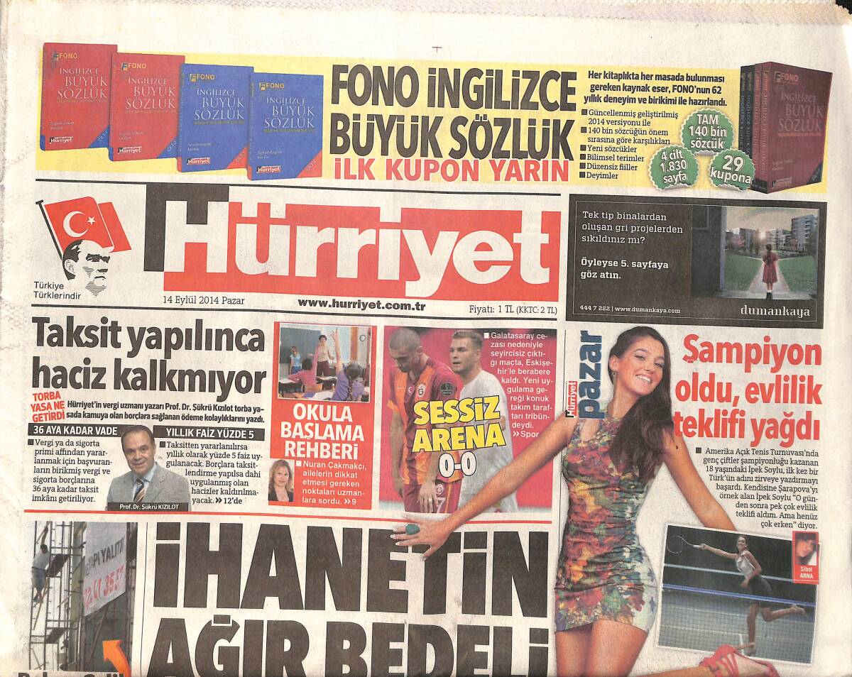 Hürriyet Gazetesi 14 Eylül 2014 - Tarkan ''Sahne İçin Doğmuşum'' - Sessiz Arena GZ159570 - 1