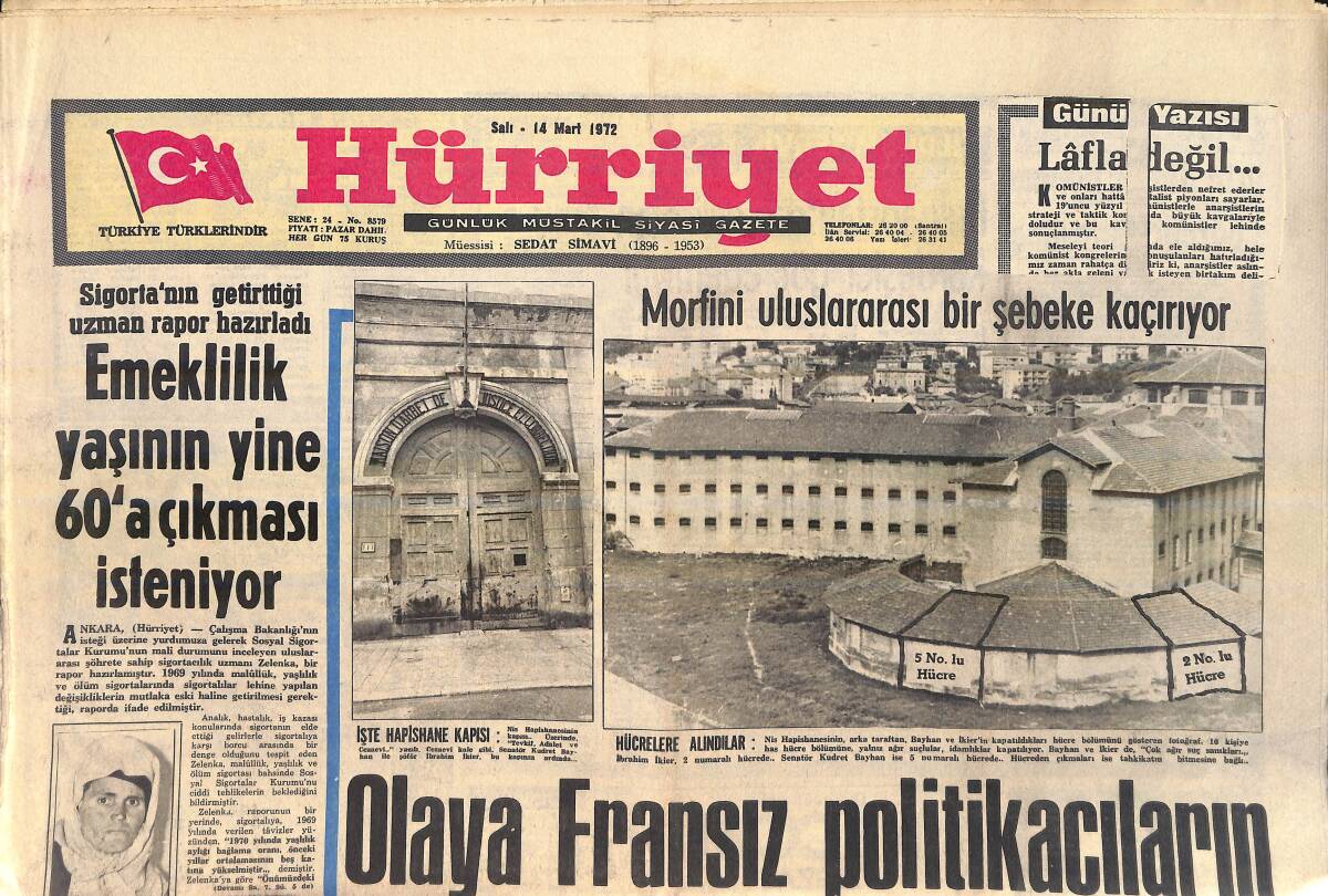 Hürriyet Gazetesi 14 Haziran 1972 - Fenerbahçe Galatasaray Maçı İki Kişiyi Adliyelik Etti - Morfini Uluslararası Bir Şebeke Kaçırıyor GZ156880 - 1