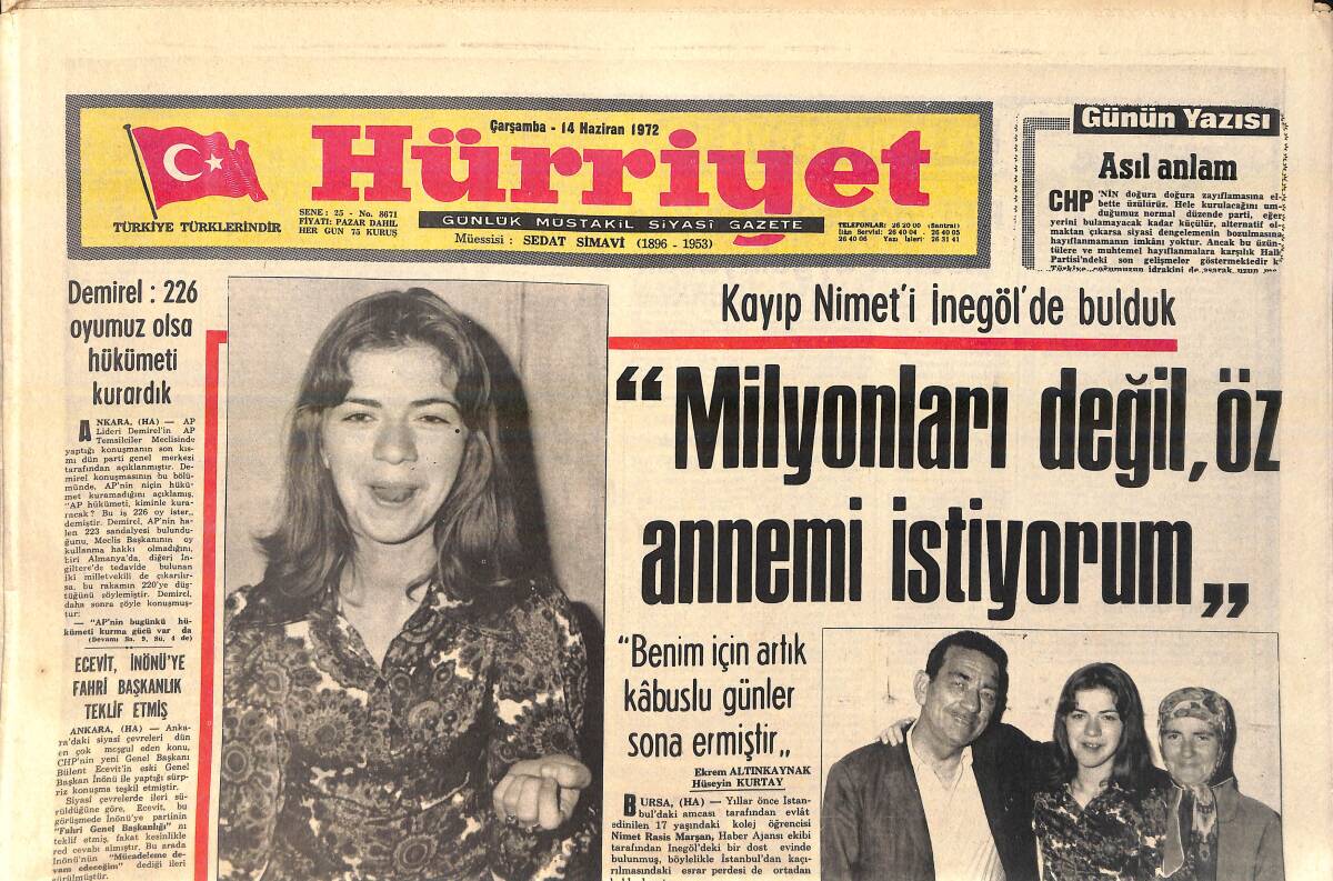 Hürriyet Gazetesi 14 Haziran 1972 - Türk Güzeli Mehtap Paris'e Hayran Oldu - Türk Jandarması 133 Yaşında GZ156682 - 1