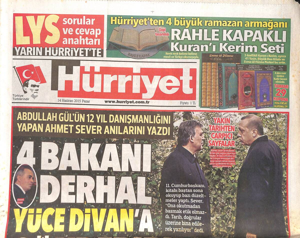 Hürriyet Gazetesi 14 Haziran 2015 - Sümer Tilmaç'a Hüzünlü Veda - Erdoğan'dan Bakü Dönüşü 3 Kritik Mesaj GZ159576 - 1