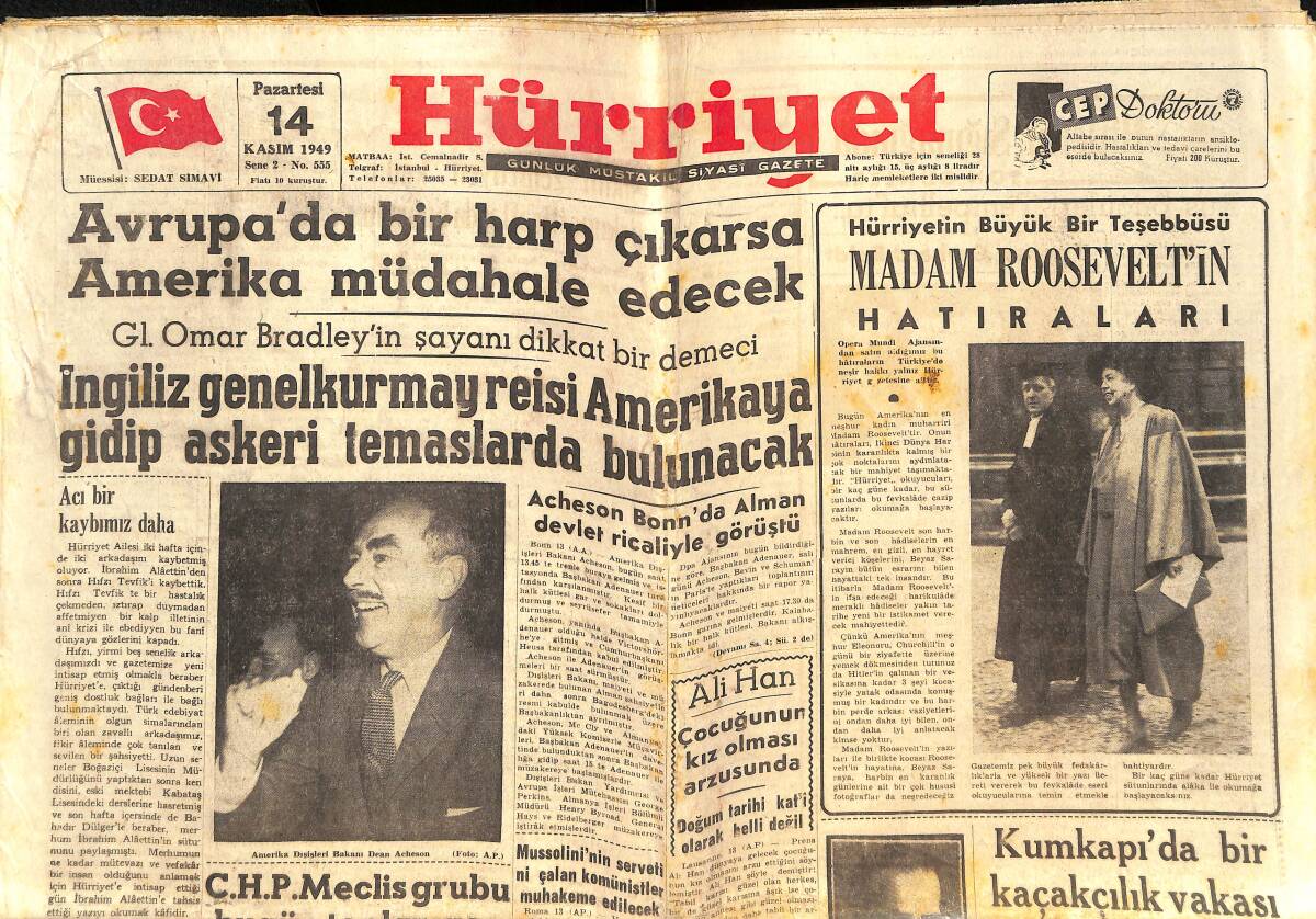 Hürriyet Gazetesi 14 Kasım 1949 - Madam Roosevelt'in Hatıraları - Beşiktaş Dün 1-0 Galatasaray'ı Yendi GZ146624 - 1