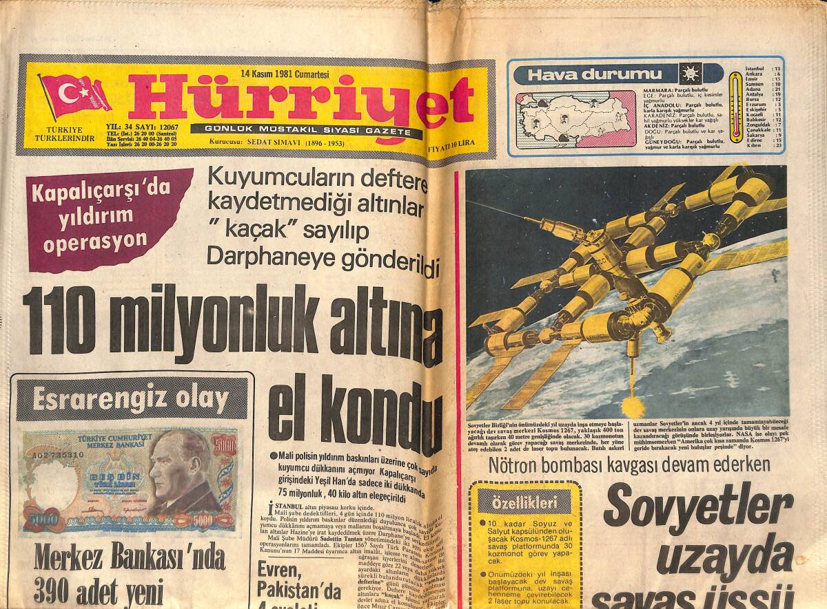 Hürriyet Gazetesi 14 Kasım 1981 - Gözaltına Alınan Aselsan Kontrol Mühendisi İle Şantiye Şefi Tutuklandı - Kapalıçarşı'da Yıldırım Operasyon GZ142663 - 1