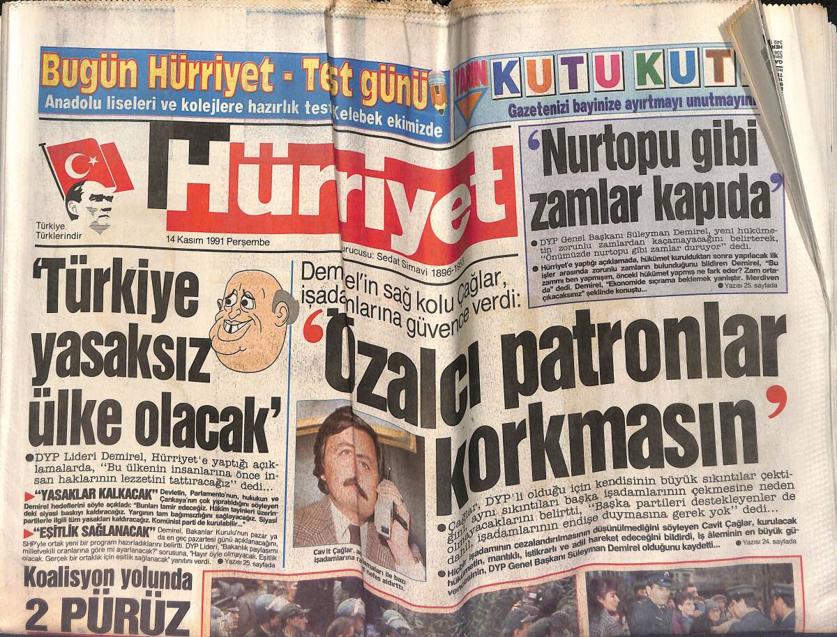 Hürriyet Gazetesi 14 Kasım 1989 - Rıdvan Ateşleyemedi - Özalcı Patronlar Korkmasın GZ153383 - 1
