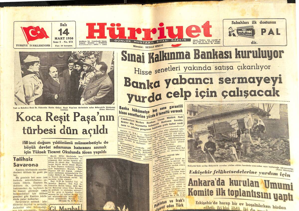 Hürriyet Gazetesi 14 Mart 1950 - Koca Reşit Paşa'nın Türbesi Dün Açıldı - Kral Leopold Plebisitli Kazandı GZ142561 - 1