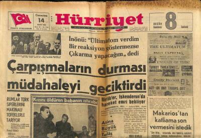 Hürriyet Gazetesi 14 Mart 1964 - Rumlar Türk Siperlerini Makinalı Tüfeklerle Tarıyor GZ70987 - 1