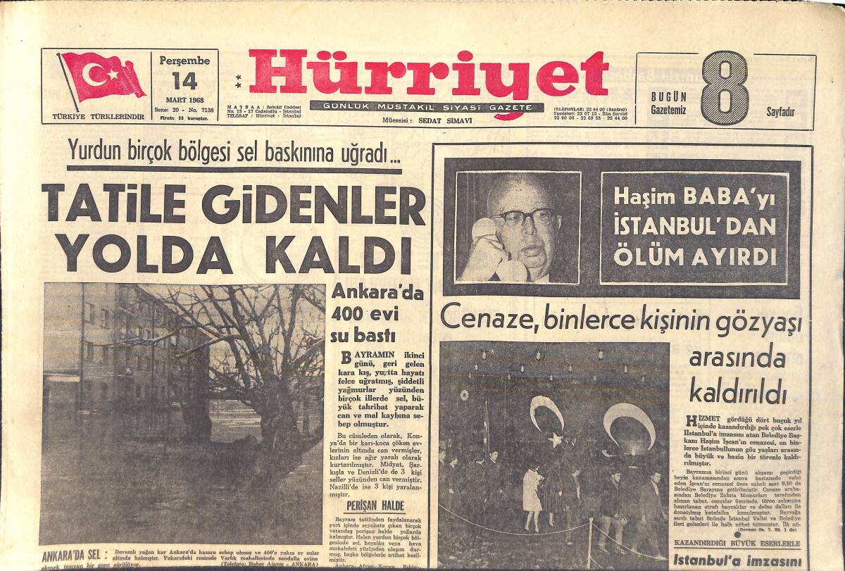 Hürriyet Gazetesi 14 Mart 1968 - Ankara'da 400 Evi Su Bastı - Amasya'da 300 Aile Mahsur Kaldı - Kongo'da Bir Köy Toprak Altında Kaldı GZ157038 - 1