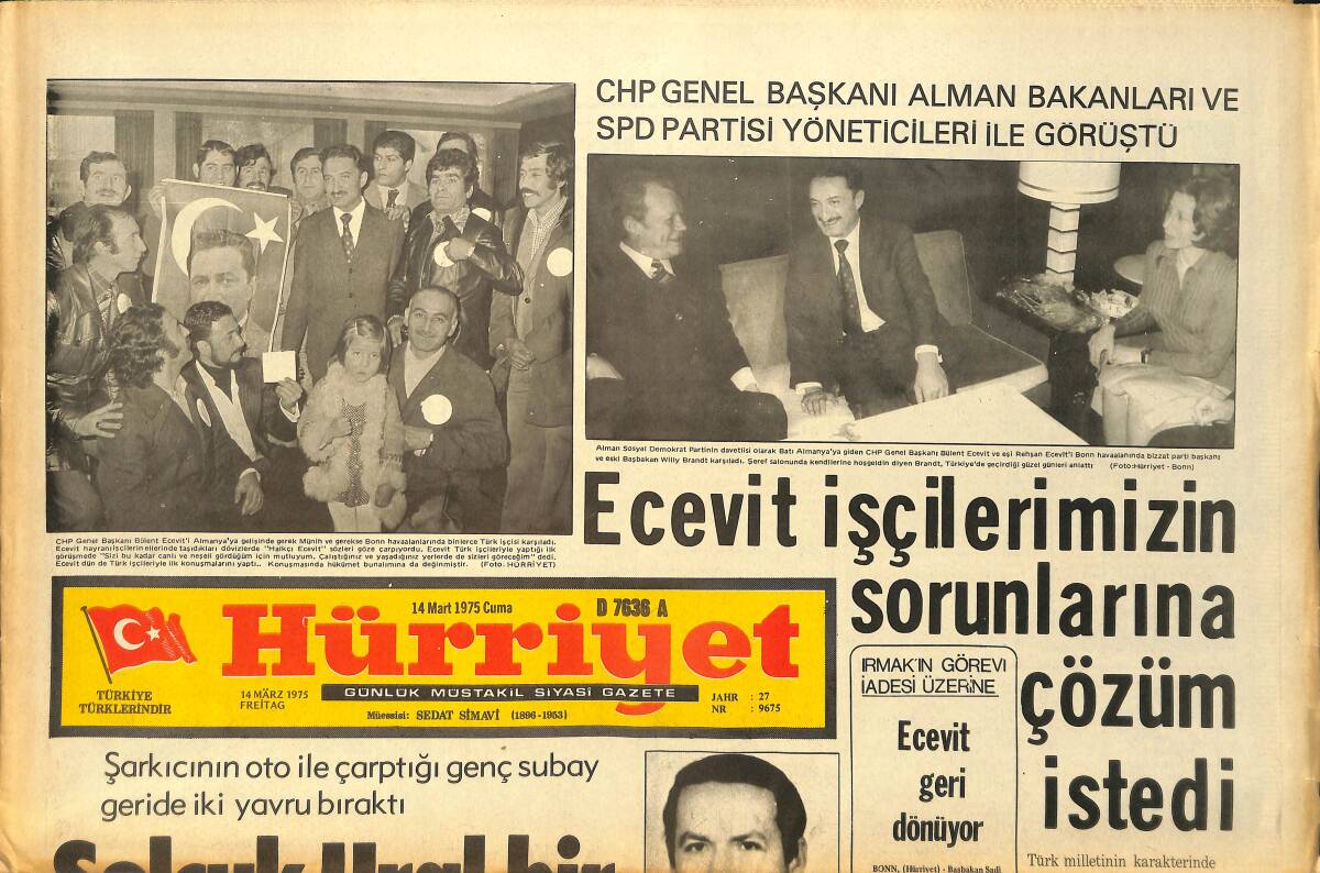 Hürriyet Gazetesi 14 Mart 1975 - Ecevit İşçilerimizin Sorunlarına Çözüm İstedi - Beşiktaş'ın Ümidi Rövanşta GZ157543 - 1